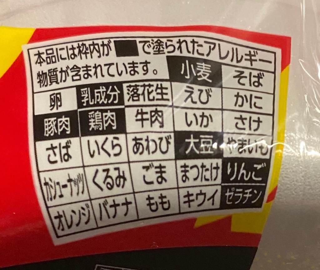 キャベツ増量の日清焼そばUFOのアレルゲン