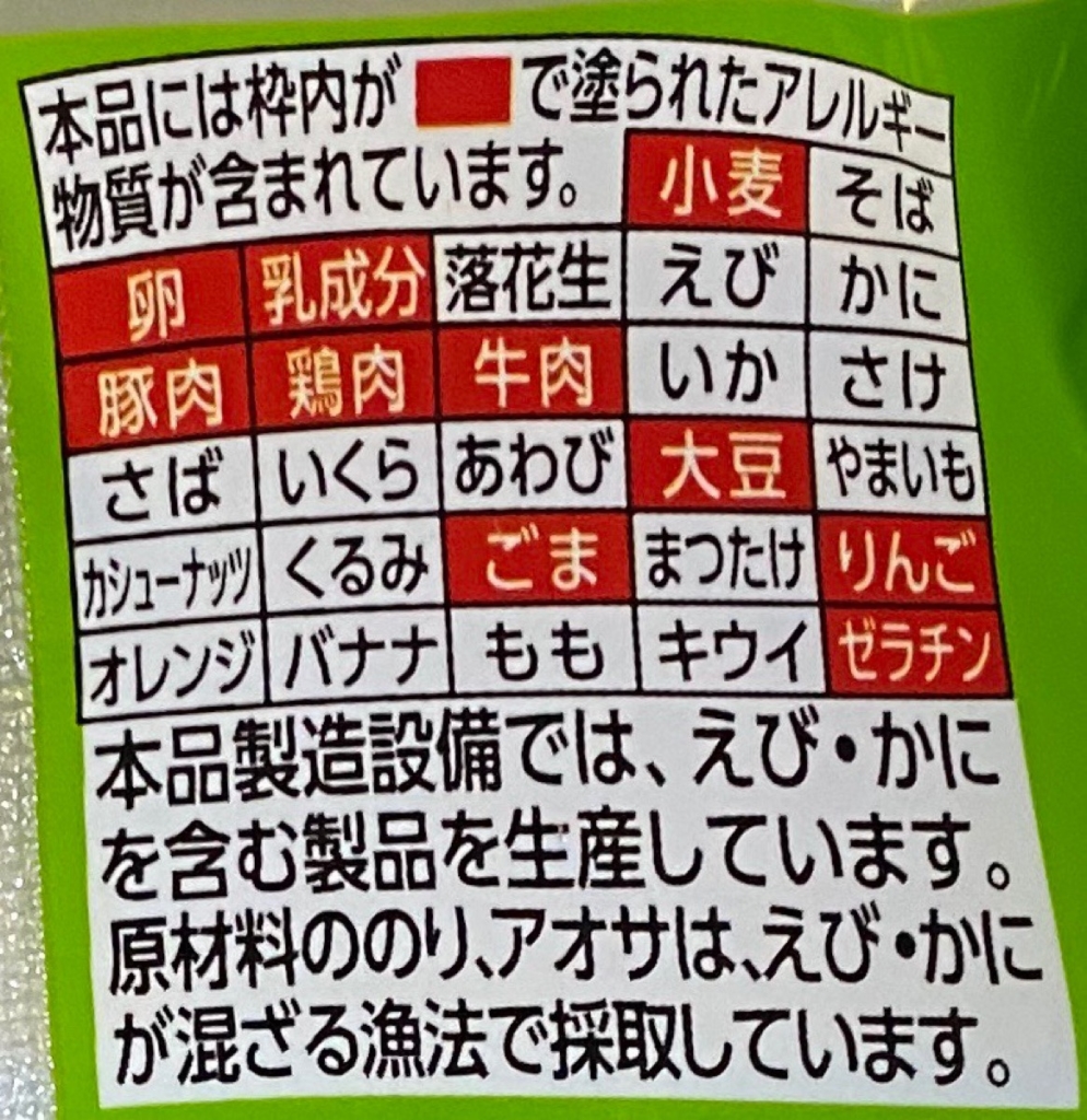 明星一平ちゃん夜店の焼そば復活総選挙1位のわさびマヨ醤油味のアレルゲン